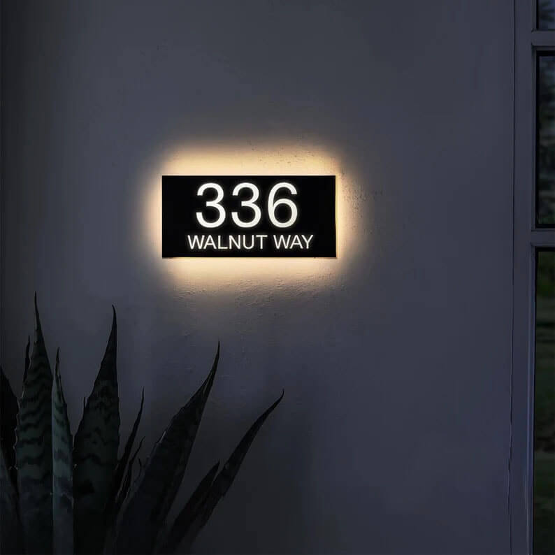 Rustic farmhouse illuminated house number sign backlit house numbers