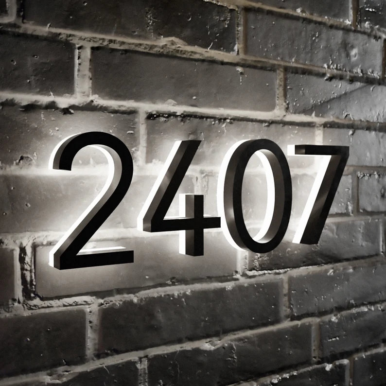 LED Illuminated Address Sign - Modern Black Backlit House Numbers