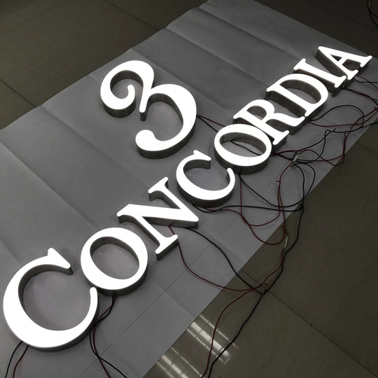 Stainless Steel Front Lit Channel Letter Sign with Lighted House Numbers for Night Visibility  